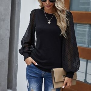 Black Swiss Polka Dot Chic Sheer Sleeve Top Minimalist